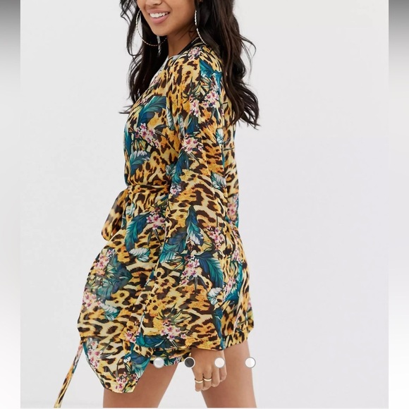 ASOS DESIGN long sleeve wrap tie chiffon maxi beach kimono in brown polka dot - Picture 2 of 4